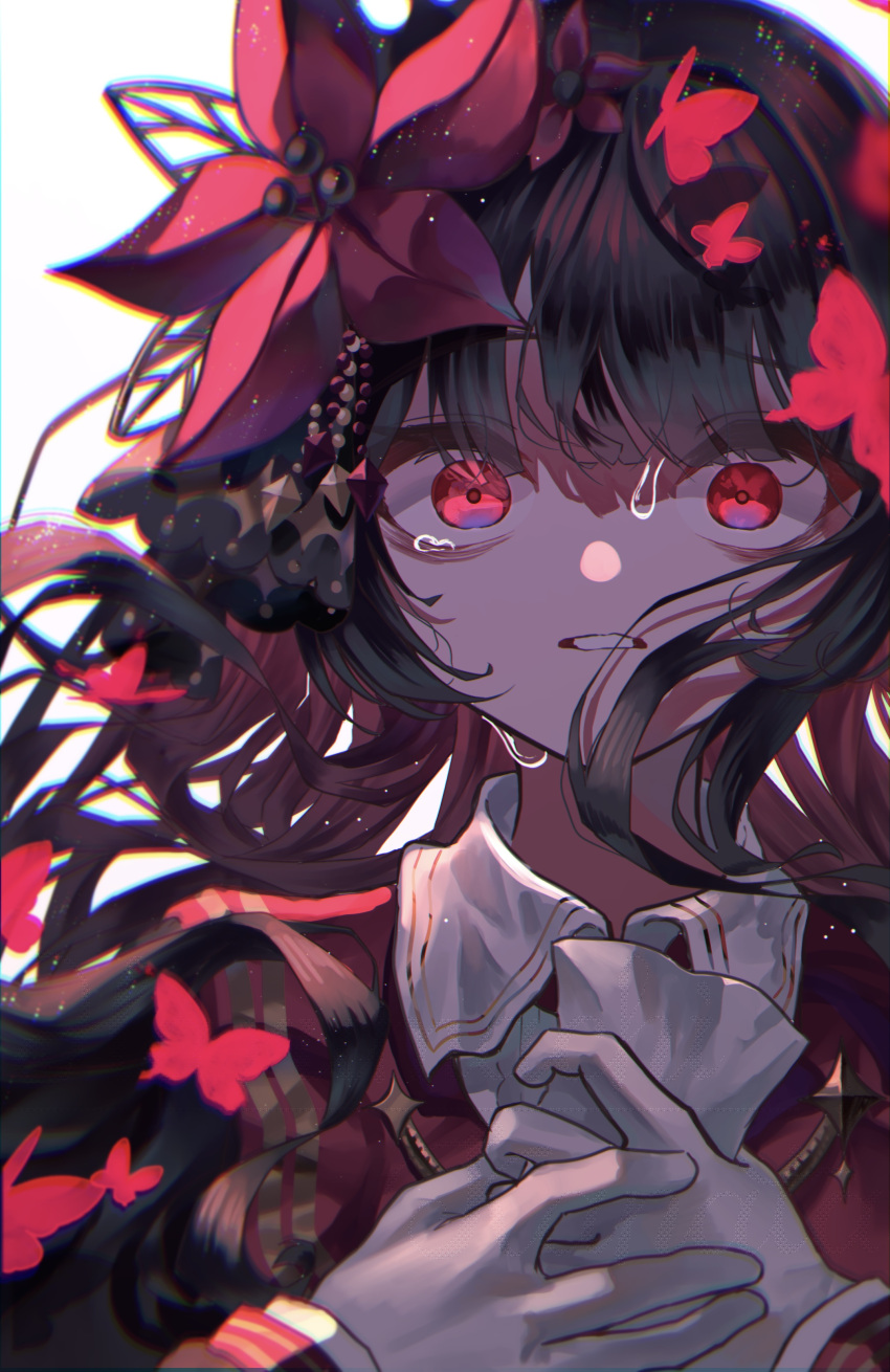 1girl, absurdres, black_hair, blunt_bangs, bug, butterfly, chromatic_aberration, constricted_pupils