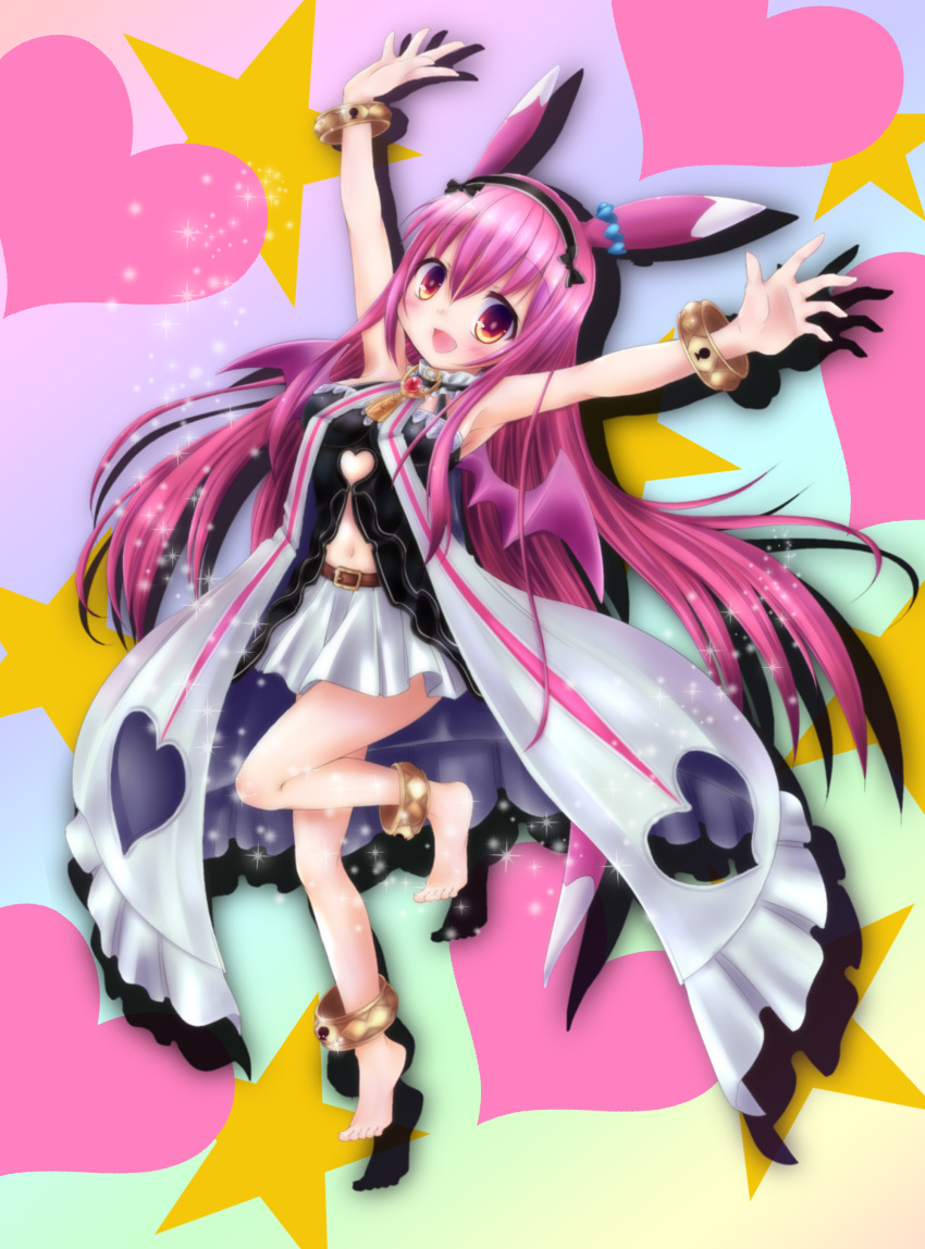 1girl, absurdres, animal_ears, barefoot, black_camisole, black_hairband, black_ribbon, breasts, camisole, clothing_cutout, collar, emil_chronicle_online, frilled_collar, frills, gold_anklet, gold_wrist_cuffs, hair_ribbon, hairband, heart, heart_background, highres, jacket, long_hair, medium_breasts, mitama_nanai, navel, navel_cutout, outstretched_arms, peacefeel, pink_hair, red_eyes, ribbon, skirt, solo, standing, standing_on_one_leg, stomach_cutout, white_jacket, white_skirt