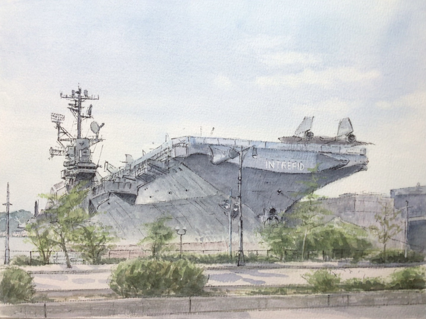aircraft_carrier, atelier_bono, blue_sky, clouds, commentary_request, highres, lamppost, mast