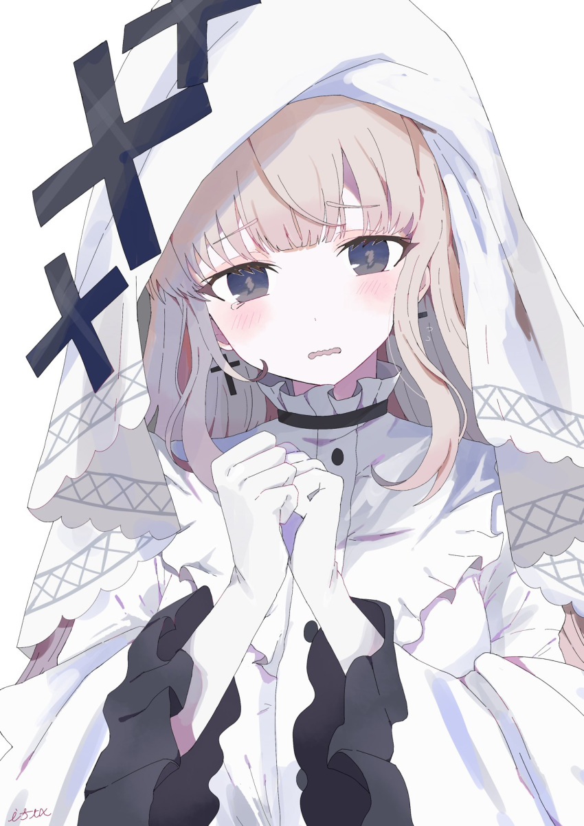 1girl, blonde_hair, blunt_bangs, blush, commentary_request, dress, frilled_dress, frills, gloves, hands_up, highres, hikami_meruru, ista_(hudou_yuk), long_hair, long_sleeves, looking_at_viewer, magical_girl, mahou_shoujo_no_majo_saiban, nervous, open_mouth, own_hands_together, simple_background, solo, tearing_up, tears, upper_body, wavy_mouth, white_background, white_dress, white_gloves