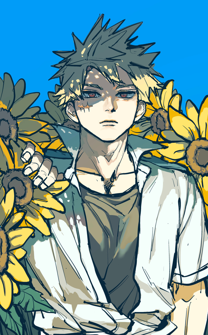 1boy, absurdres, bakugou_katsuki, black_shirt, blue_sky, boku_no_hero_academia, closed_mouth, collarbone, collared_shirt, commentary, commentary_request, crew_neck, field, flower, flower_field, frown, highres, korean_commentary, looking_ahead, male_focus, naangqq, orange_eyes, partially_shaded_face, popped_collar, scar, scar_on_cheek, scar_on_face, shirt, short_sleeves, sky, solo, sunflower, upper_body, white_shirt, yellow_flower