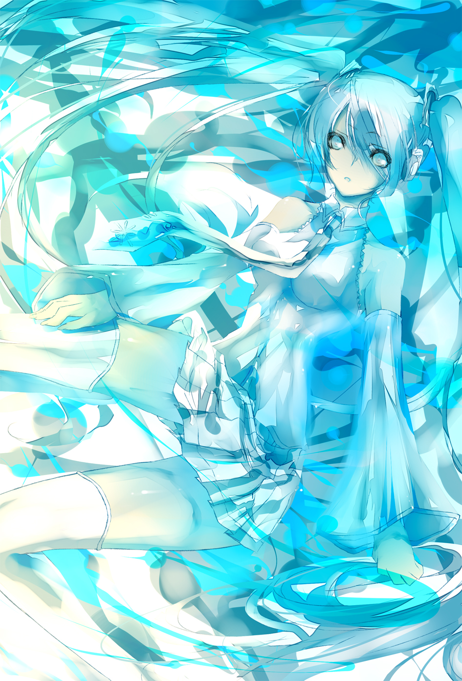 bad_id, blue, blue_eyes, blue_hair, detached_sleeves, hatsune_miku, headphones, highres, long_hair, monochrome, necktie, ruriikura, skirt, solo, thigh-highs, thighhighs, twintails, very_long_hair, vocaloid, yuki_miku, zettai_ryouiki