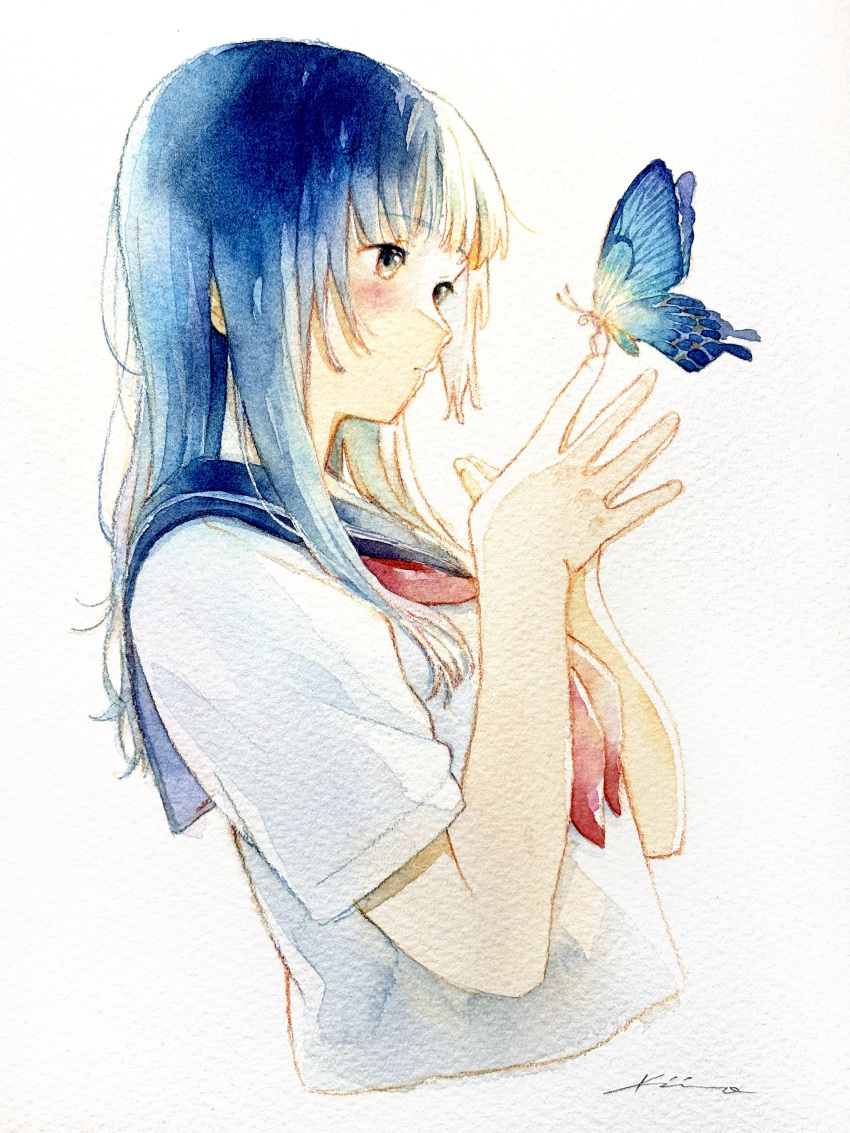 1girl, absurdres, aose_kiiro, artist_name, blue_hair, bug, butterfly, closed_mouth