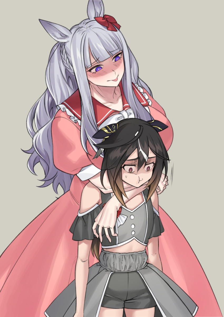 2girls, :t, arms_around_neck, bilingual_commentary, black_hair, blunt_bangs, bow, bowtie
