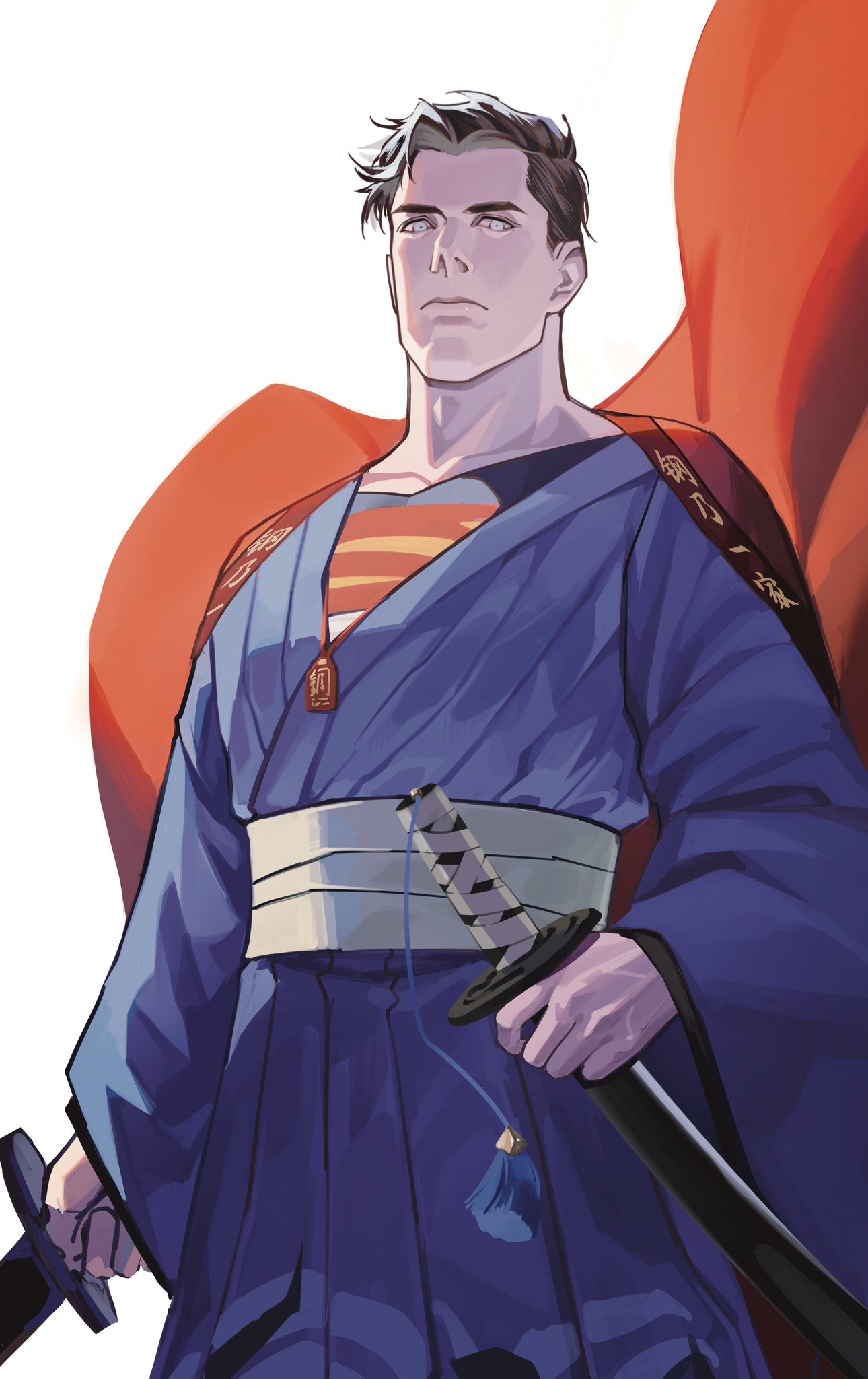 1boy, adapted_costume, black_hair, blue_eyes, blue_kimono, cape, closed_mouth, collarbone