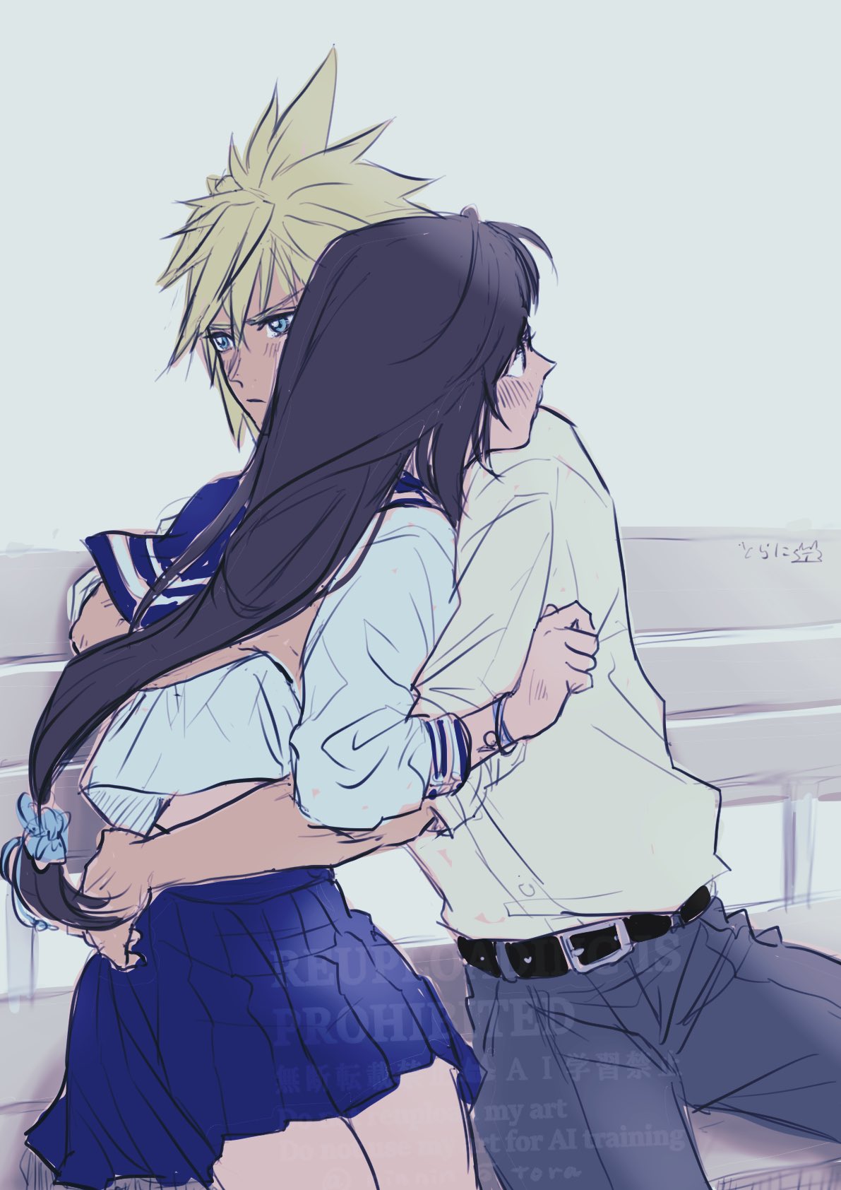 1boy, 1girl, arm_around_back, arm_around_waist, belt, belt_buckle, black_hair, blonde_hair