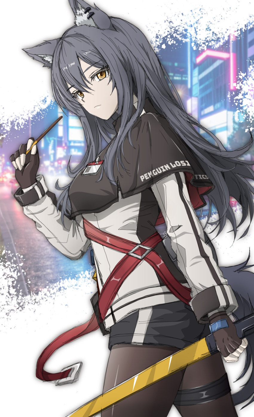 1girl, absurdres, animal_ear_fluff, animal_ear_piercing, animal_ears, arknights, black_hair, black_shorts