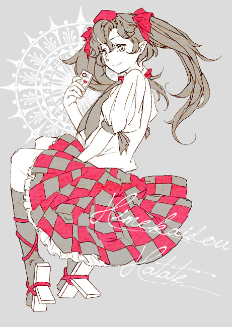 black_hair, black_legwear, cellphone, cellphone_camera, character_name, checkered, checkered_skirt, footwear