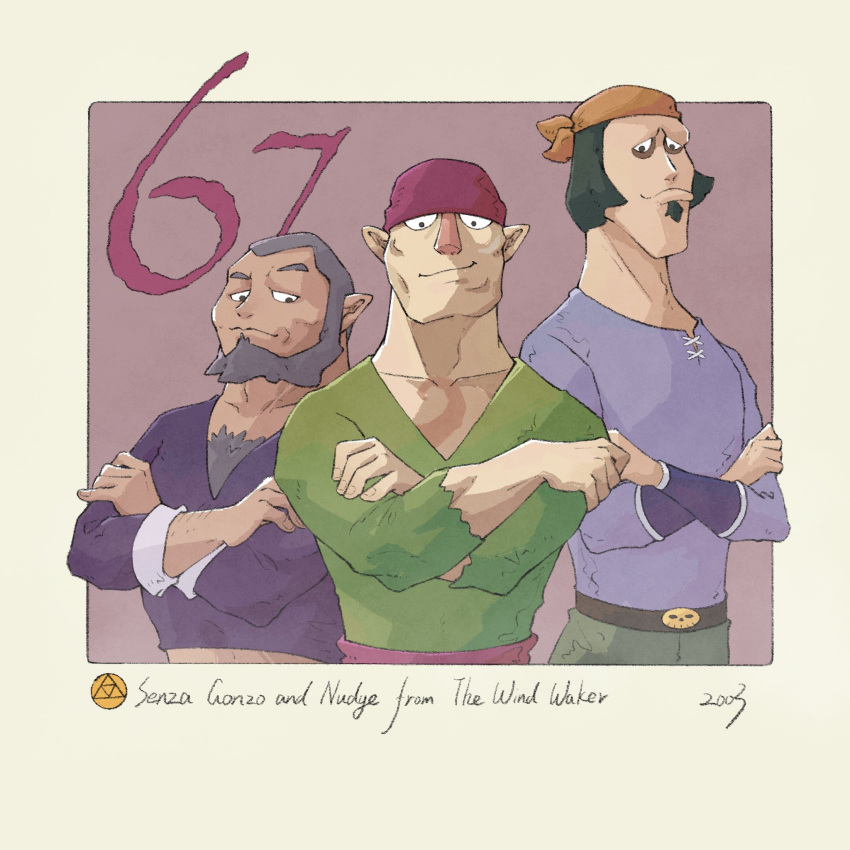 3boys, beard, border, character_name, commentary, copyright_name, english_commentary, facial_hair, gonzo_(zelda), green_shirt, highres, looking_at_viewer, male_focus, multiple_boys, muscular, muscular_male, nudge_(zelda), outside_border, pointy_ears, purple_background, purple_shirt, senza_(zelda), shirt, skull_belt, the_legend_of_zelda, the_legend_of_zelda:_the_wind_waker, yangyaozigo