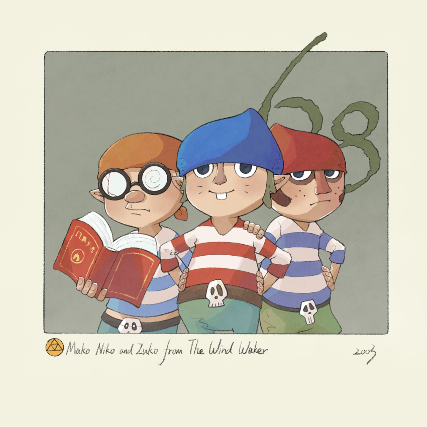 3boys, blonde_hair, border, brown_hair, character_name, commentary, copyright_name, english_commentary