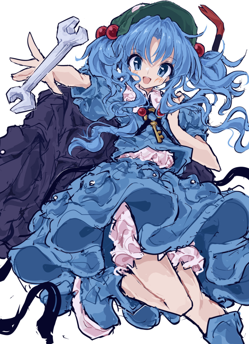 1girl, :d, backpack, bag, baseball_cap, black_bag, bloomers, blue_boots