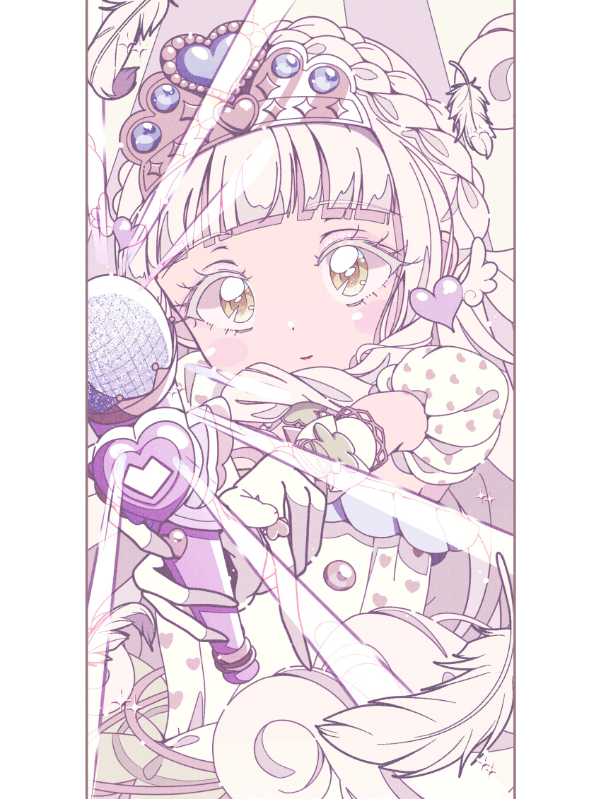 1990s_(style), 1girl, blunt_bangs, blush_stickers, border, braid, buttons, closed_mouth