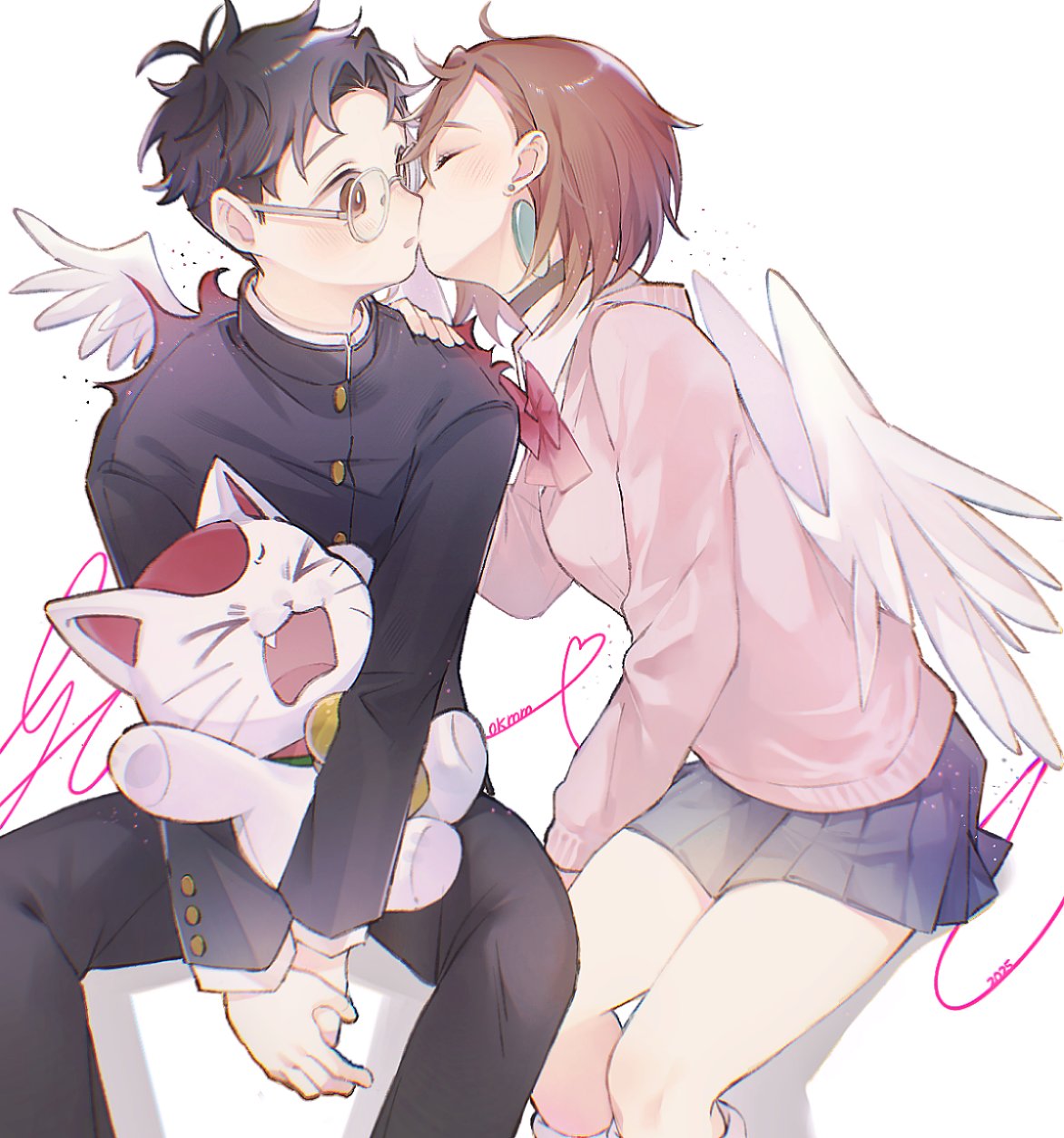 >_<, 1boy, 2girls, angel_wings, ayase_momo, black_choker, black_hair, black_jacket