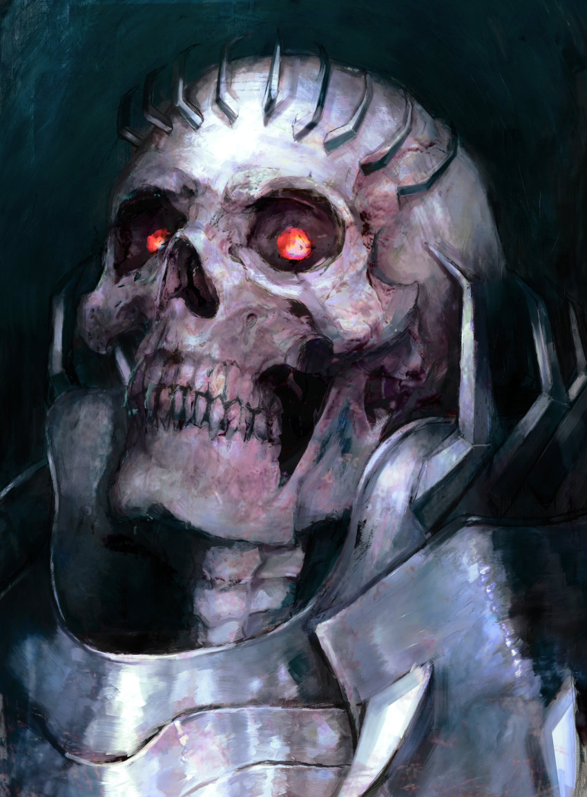 1boy, absurdres, armor, berserk, breastplate, glowing, glowing_eyes, gorget, highres, no_nose, no_pupils, pauldrons, red_eyes, shoulder_armor, skeleton, skull, skull_head, skull_knight_(berserk), solo, spiked_armor, spiked_skull, teeth, xa8uofivf2mcart