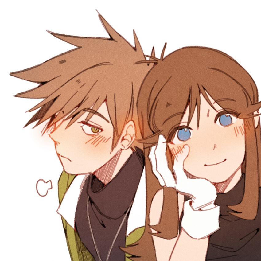 1boy, 1girl, blue_eyes, blue_oak, blush, brown_hair, green_(pokemon), green_eyes