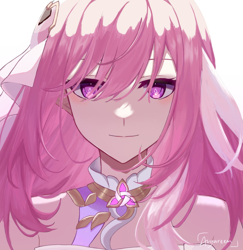 1girl, artist_name, avyarenne, bare_shoulders, commentary, diamond-shaped_pupils, diamond_(shape), elysia_(herrscher_of_human:_ego)_(honkai_impact)