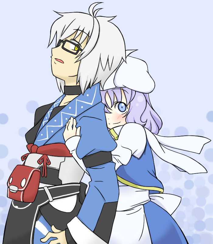 ahoge, apron, blue_dress, blue_eyes, blush, choker, dress, glasses, hat, letty_whiterock, long_sleeves, morichika_rinnosuke, open_eyes, open_mouth, pouch, purple_hair, sag, scarf, short_hair, silver_hair, smile, touhou, yellow_eyes