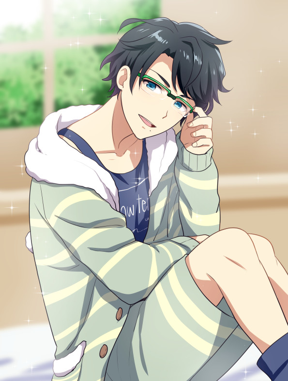 1boy, adjusting_eyewear, black_hair, blue_eyes, blurry, blurry_background, coat, dorifesu!
