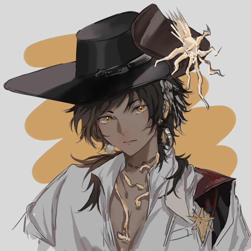 1boy, arknights, black_hair, black_hat, brown_hair, chinese_commentary, closed_mouth, collared_shirt