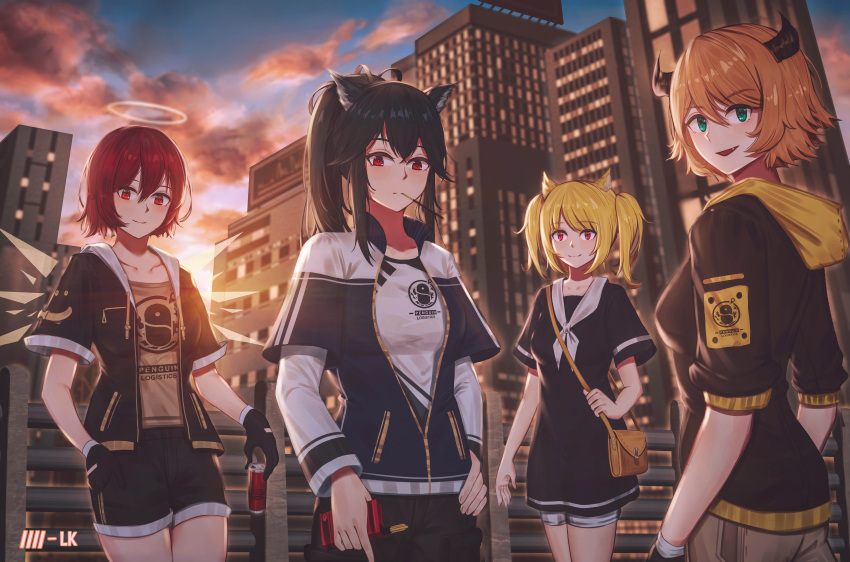 4girls, absurdres, animal_ear_fluff, animal_ears, arknights, bag, black_dress, black_gloves