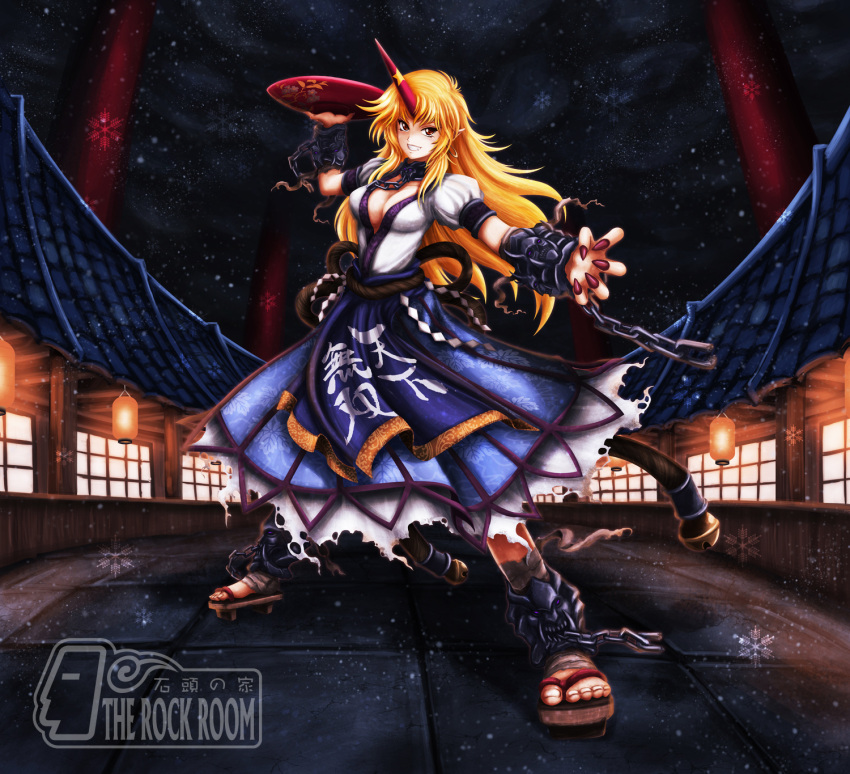 adapted_costume, alternate_costume, bell, blonde_hair, breasts, chain, chains, cleavage, clothes_writing, clothing_writing, collar, earrings, east_asian_architecture, fingernails, geta, grin, highres, horn, hoshiguma_yuugi, house, japanese_clothes, jewelry, lantern, long_hair, nail_polish, night, night_sky, outstretched_arm, paper_lantern, pointy_ears, red_eyes, rooftop, sakazuki, sake_dish, shimenawa, short_sleeves, sky, skyspace, smile, solo, star_(sky), starry_sky, touhou, wrist_cuffs