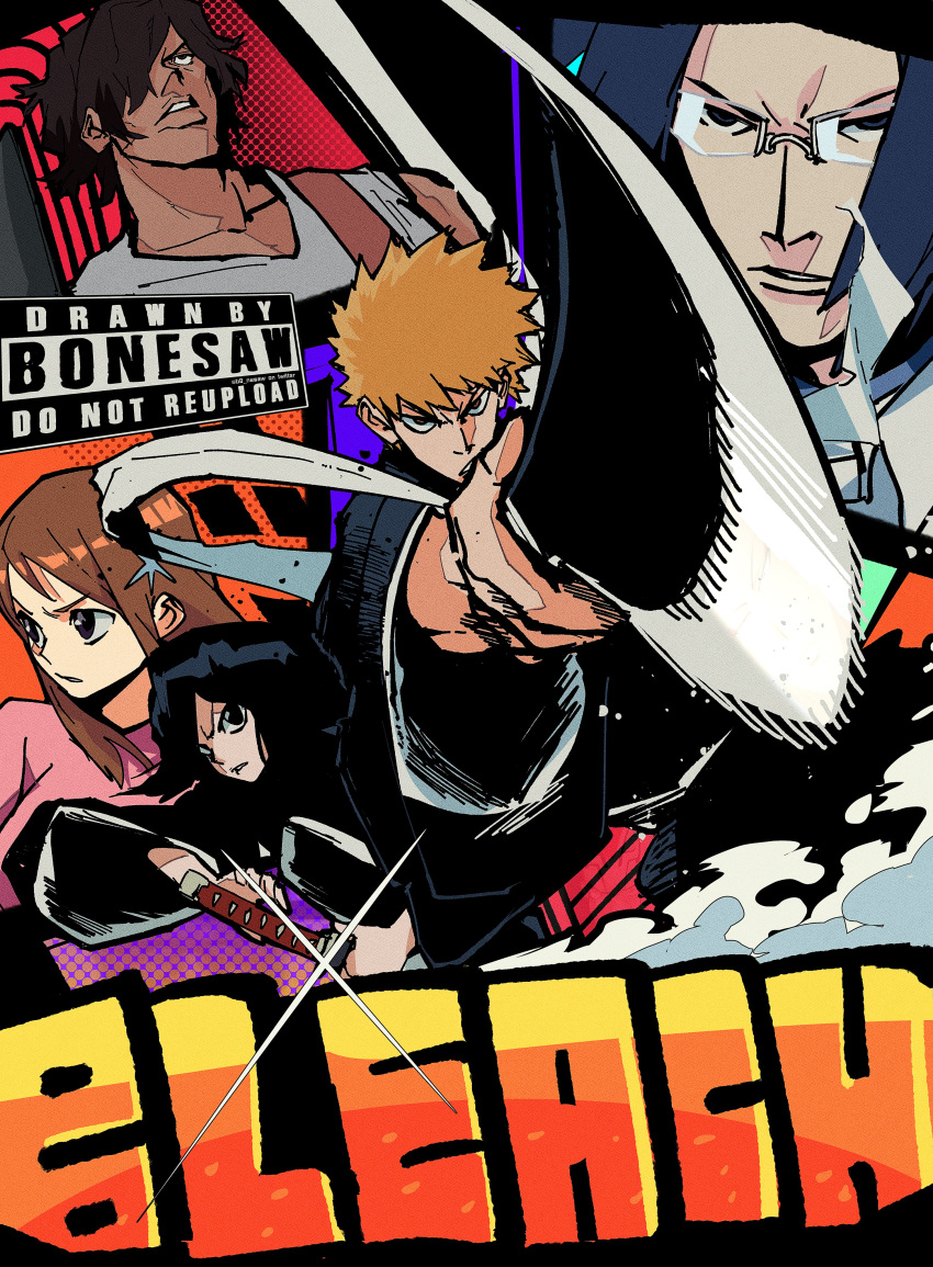2girls, 3boys, absurdres, artist_name, black_eyes, black_hair, black_kimono, bleach