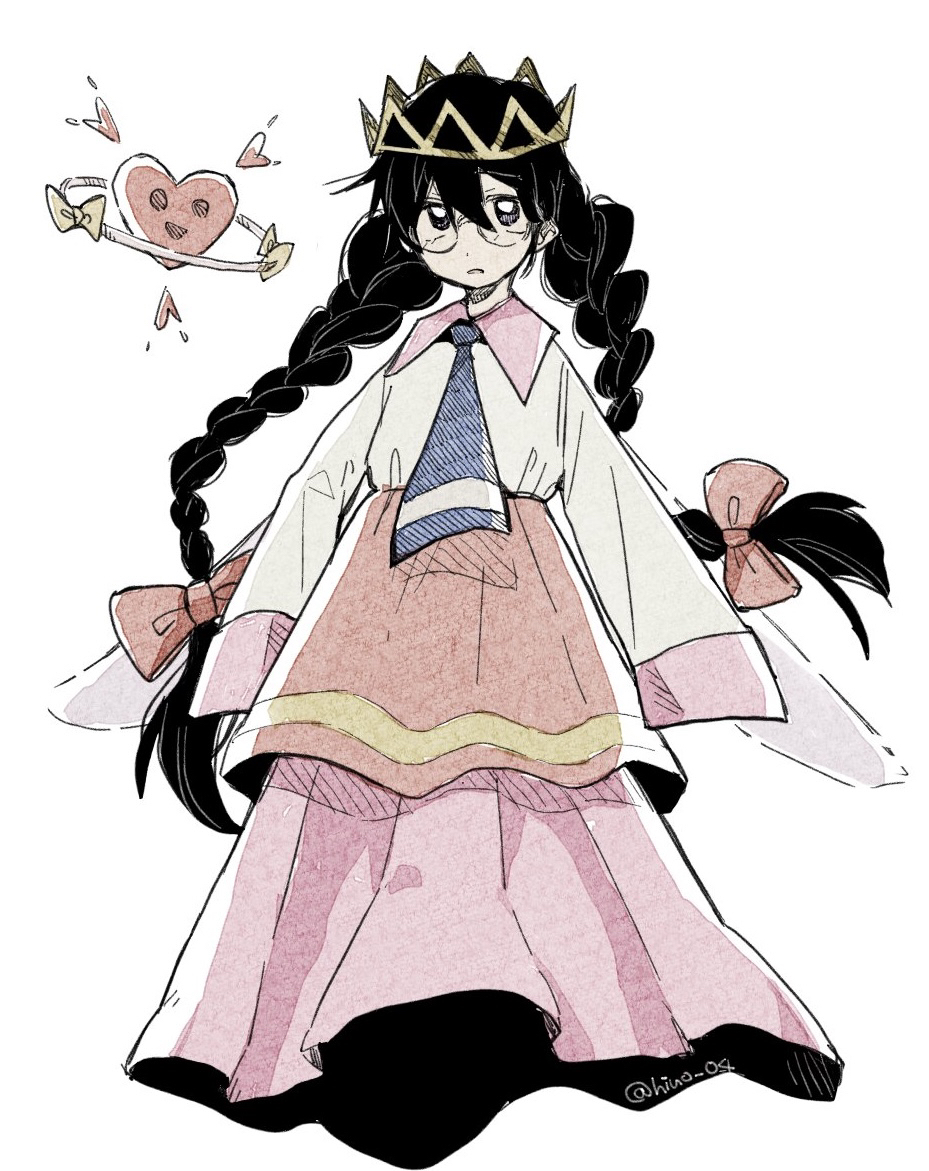 1girl, artist_name, ascot, black_hair, bow, braid, crown, dress, glasses, hair_bow, hiuo_(zppt2532), kirby_(series), kirby_64, long_hair, looking_at_viewer, low_twin_braids, pink_bow, pink_skirt, ripple_star, ripple_star_queen, simple_background, skirt, sleeves_past_fingers, sleeves_past_wrists, twin_braids, twintails, very_long_hair, white_background
