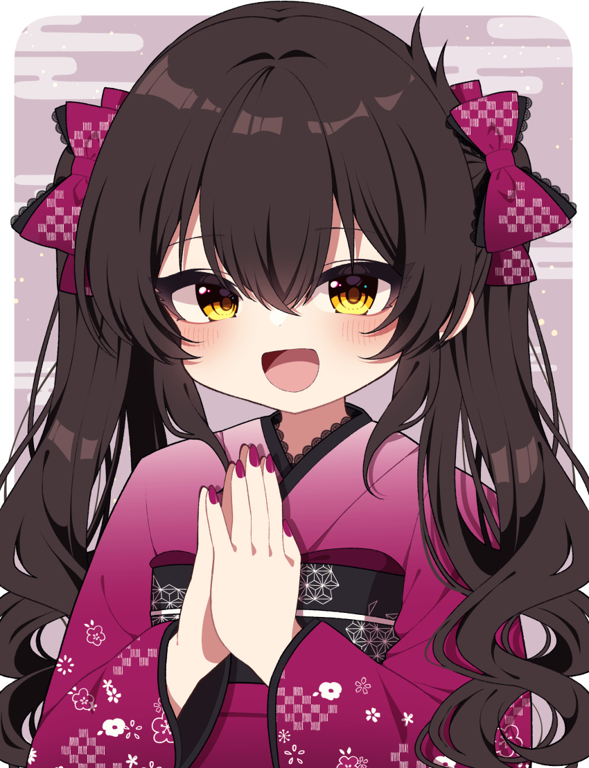 1girl, absurdres, black_hair, blush, border, bow, commentary_request, fingernails