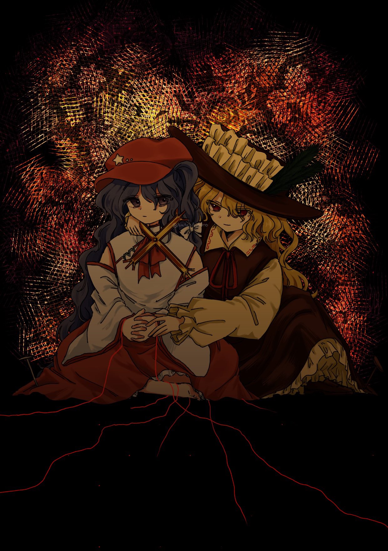 2girls, amacha_0000, black_eyes, black_hair, blonde_hair, brown_hat, cross, dolls_in_pseudo_paradise