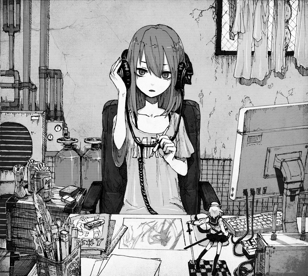 book, can, computer_keyboard, computer_mouse, drawing, eraser, figure, headphones