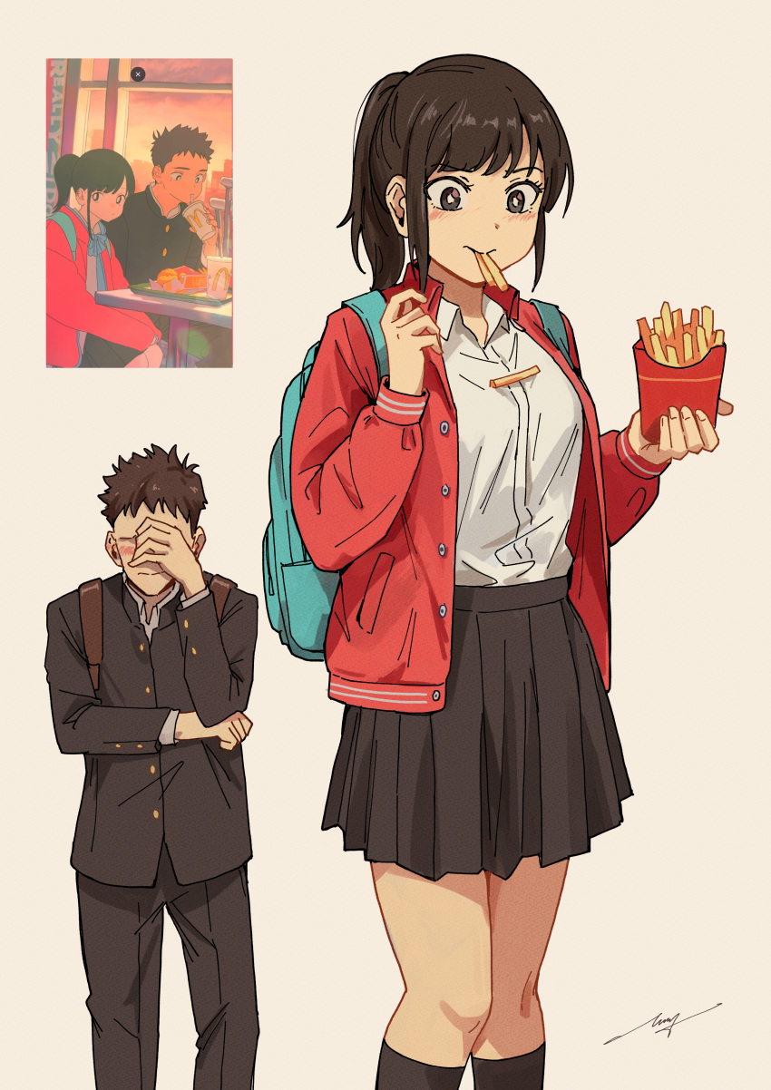 1boy, 1girl, absurdres, aqua_bag, backpack, bag, black_eyes, black_hair
