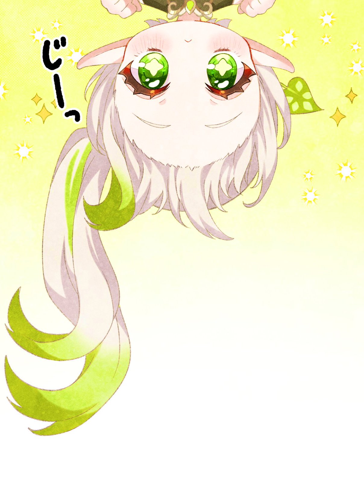 1girl, blush, closed_mouth, commentary_request, genshin_impact, gradient_hair, green_eyes, green_hair, hair_ornament, highres, leaf_hair_ornament, long_hair, looking_at_viewer, moco_(moco_8854), multicolored_hair, nahida_(genshin_impact), pointy_ears, side_ponytail, solo, star-shaped_pupils, star_(symbol), symbol-shaped_pupils, upside-down, white_hair