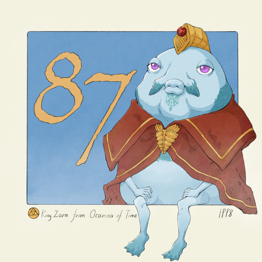 1boy, barefoot, blue_background, character_name, cloak, commentary, copyright_name, english_commentary