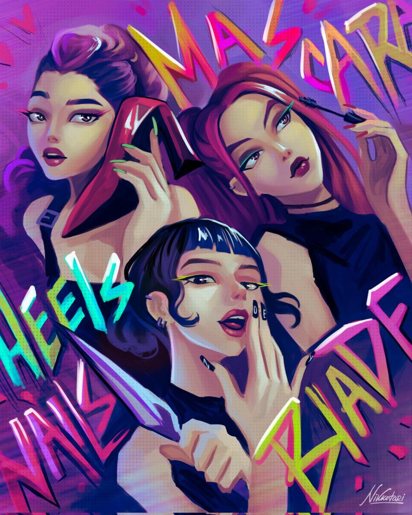 3girls, black_hair, blunt_bangs, dutch_braided_ponytail, eyeshadow, fake_nails, highres, holding