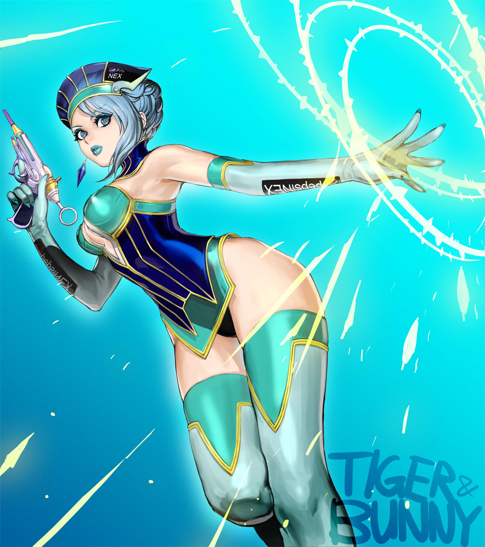 armpits, bare_shoulders, blue_eyes, blue_hair, blue_rose_(tiger_&amp;_bunny), breasts, cleavage, earrings, elbow_gloves, gloves, gun, jewelry, karina_lyle, lipstick, makeup, mey88, pepsi, product_placement, short_hair, solo, thigh-highs, thighhighs, tiger_&amp;_bunny, title_drop, weapon