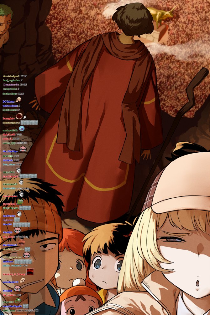 2girls, 5boys, azuchi_gen, beanie, black_eyes, black_hair, blonde_hair, blue_eyes