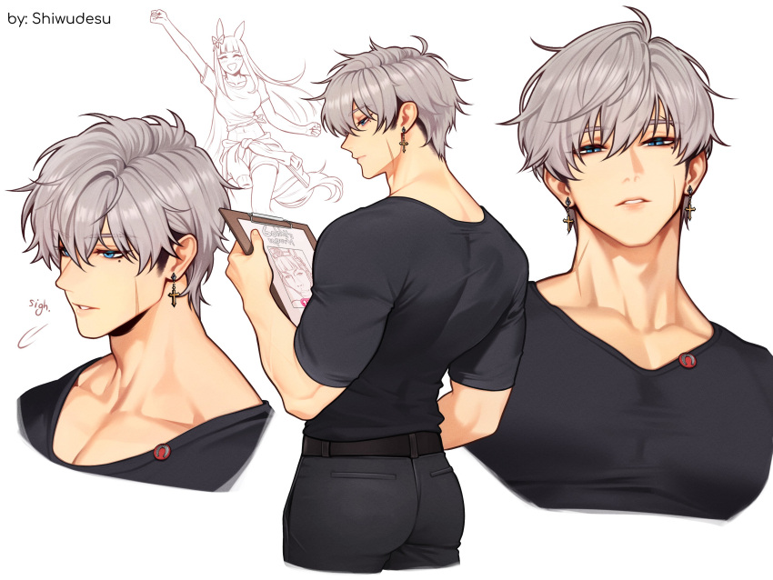 1boy, 1girl, absurdres, animal_ears, black_shirt, blue_eyes, collarbone, earrings, gold_ship_(umamusume), grey_hair, hair_ribbon, highres, horse_ears, horse_girl, horse_tail, jewelry, looking_at_viewer, mole, ribbon, scar, scar_on_face, scarf, shirt, shiwudesu, tail, trainer_(umamusume), umamusume