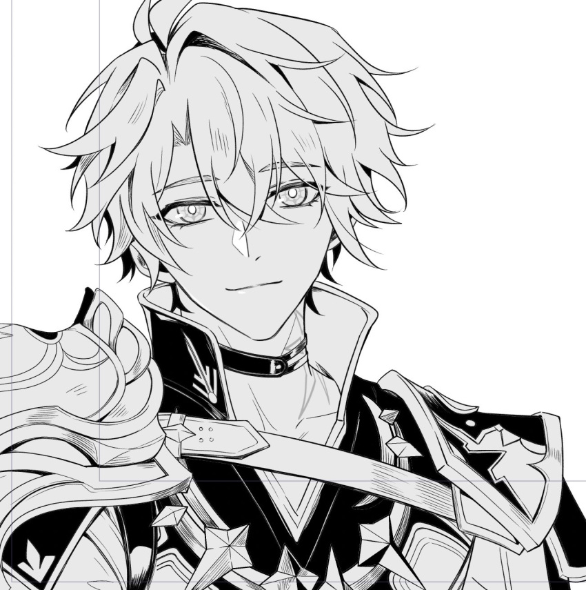 1boy, armor, belt, black_choker, choker, closed_mouth, collarbone, crossed_bangs