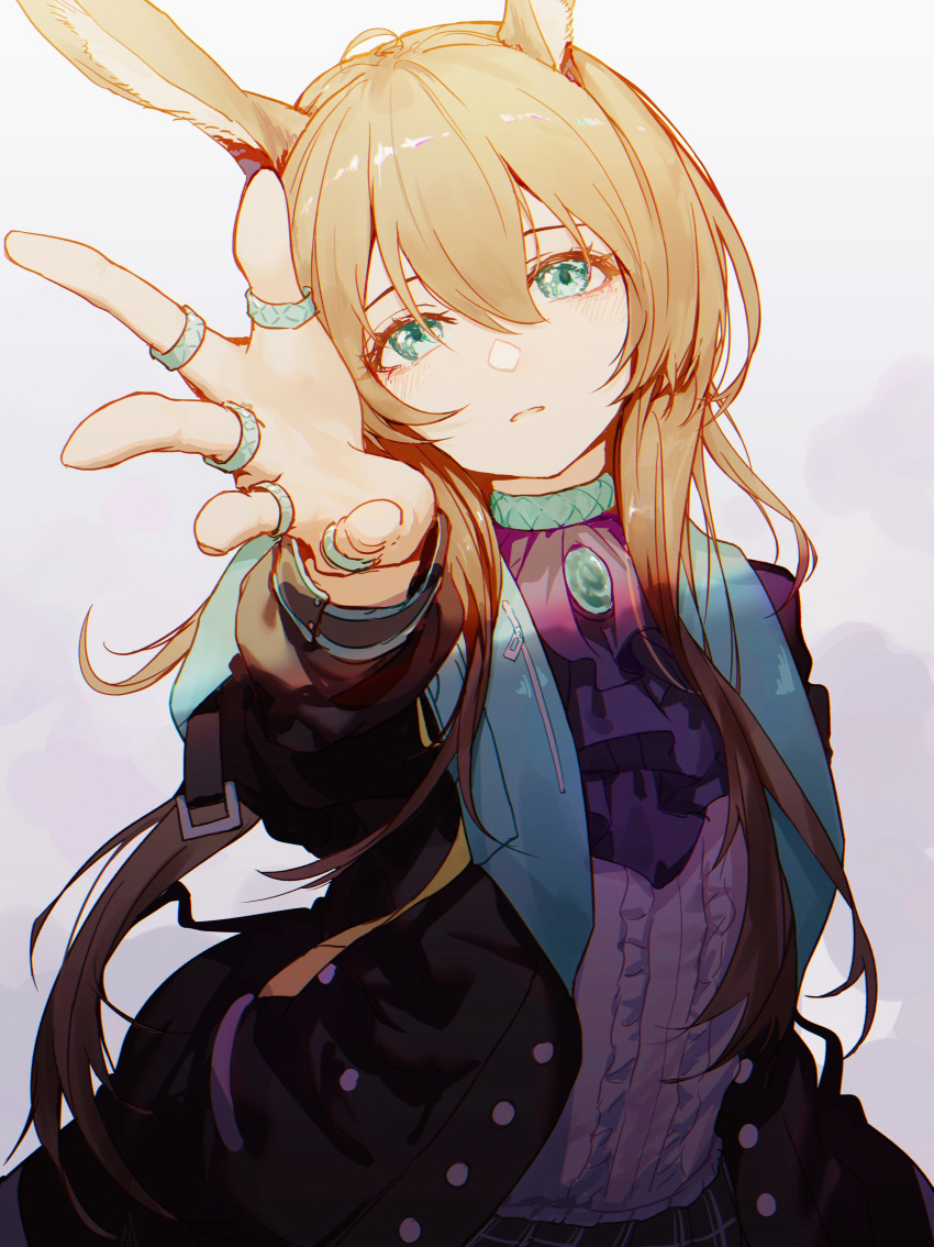 1girl, absurdres, amiya_(arknights), animal_ears, arknights, ascot, black_jacket, brown_hair, buttons, center_frills, collar, enip_o, frills, gem, green_collar, green_eyes, grey_background, hair_between_eyes, highres, jacket, jewelry, long_hair, long_sleeves, looking_at_viewer, multiple_rings, open_clothes, open_jacket, outstretched_arm, outstretched_hand, parted_lips, purple_ascot, reaching, reaching_towards_viewer, ring, solo