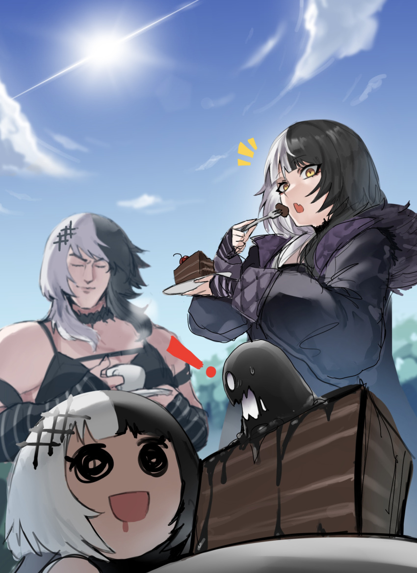 3girls, absurdres, arm_strap, black_arm_warmers, black_choker, black_coat, black_dress, black_hair