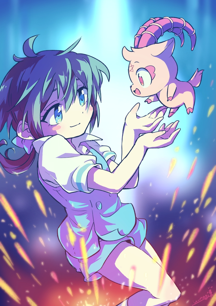 1boy, 1other, aqua_overalls, aqua_shorts, blue_eyes, blue_hair, blush_stickers, closed_mouth