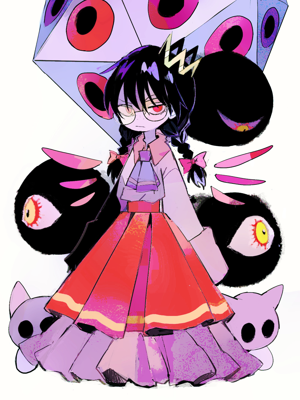 1girl, black_hair, braid, closed_mouth, crown, dark_matter_(kirby), dark_matter_trio, dress, frilled_dress, frills, glasses, hair_ribbon, heterochromia, highres, kirby_(series), kirby_64, long_dress, long_hair, long_sleeves, miracle_matter, n-z, possessed, red_eyes, ribbon, ripple_star_queen, round_eyewear, simple_background, slit_pupils, soumenhiyamugi, tilted_headwear, twin_braids, white_background, wings, yellow_eyes