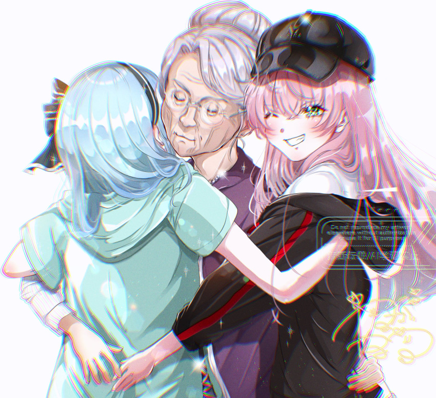 3girls, aikawa_megumi, blue_hair, goslingwallows, granny_aki_(heaven_burns_red), green_eyes, grey_hair, hat
