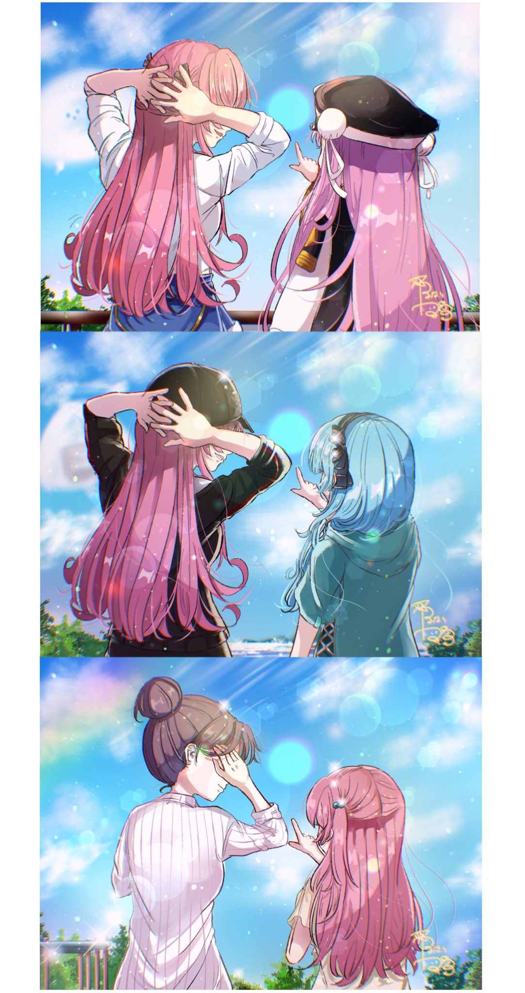 4girls, aikawa_megumi, aikawa_megumi's_mother, arms_behind_head, baseball_cap, black_shirt, blue_hair, blue_sky