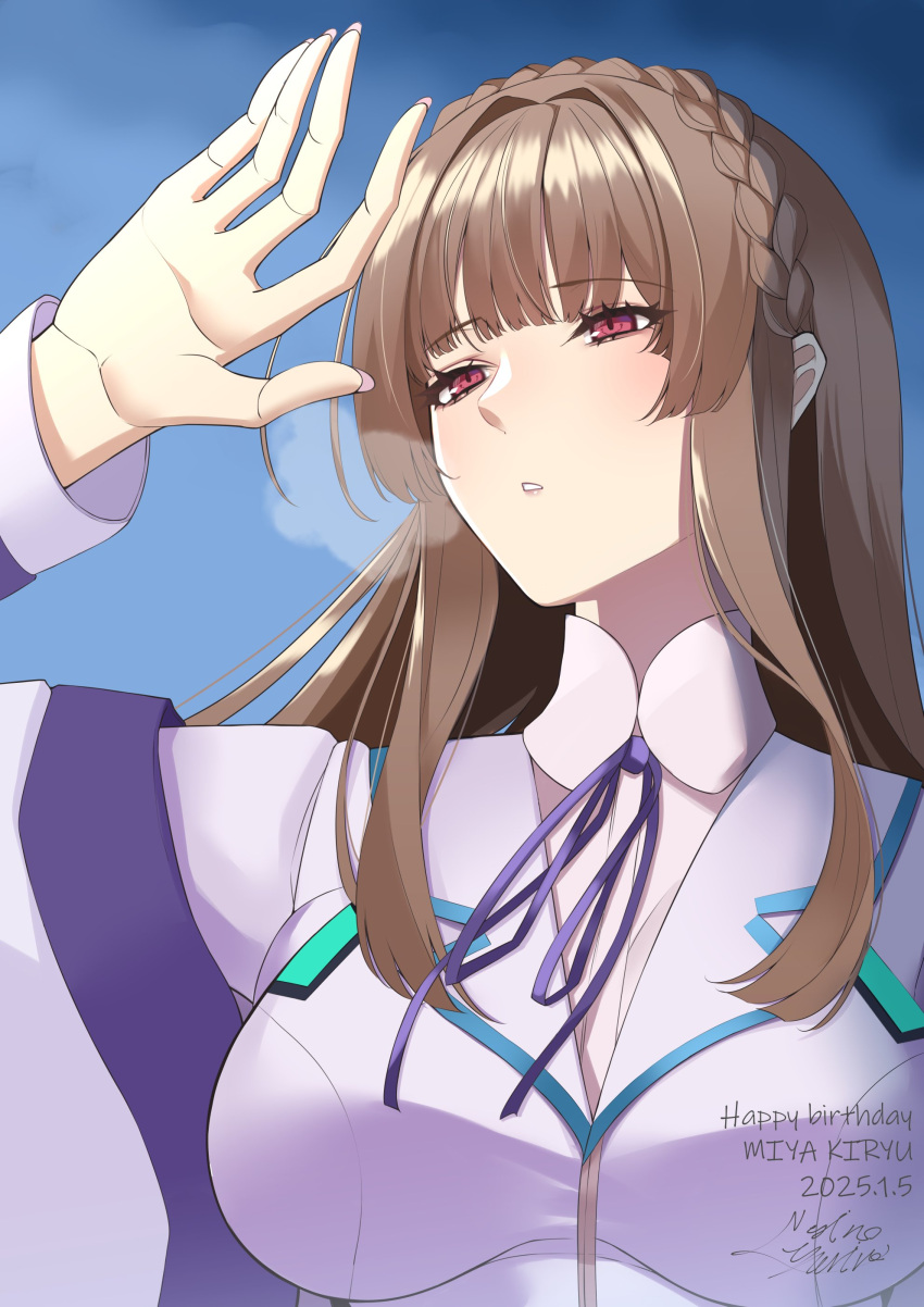 1girl, absurdres, arm_up, blazer, blue_sky, blunt_bangs, blush, braid