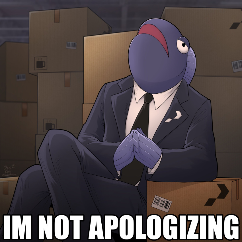 1boy, absurdres, animal_head, black_necktie, black_pants, black_suit, box, cardboard_box