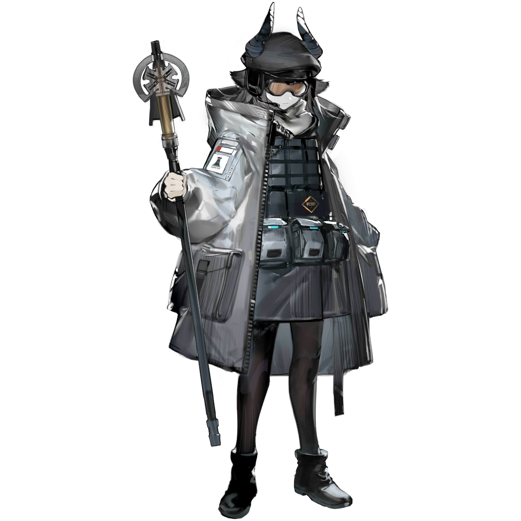 1girl, arknights, full_body, goggles, holding, holding_staff, official_art, orange-tinted_eyewear