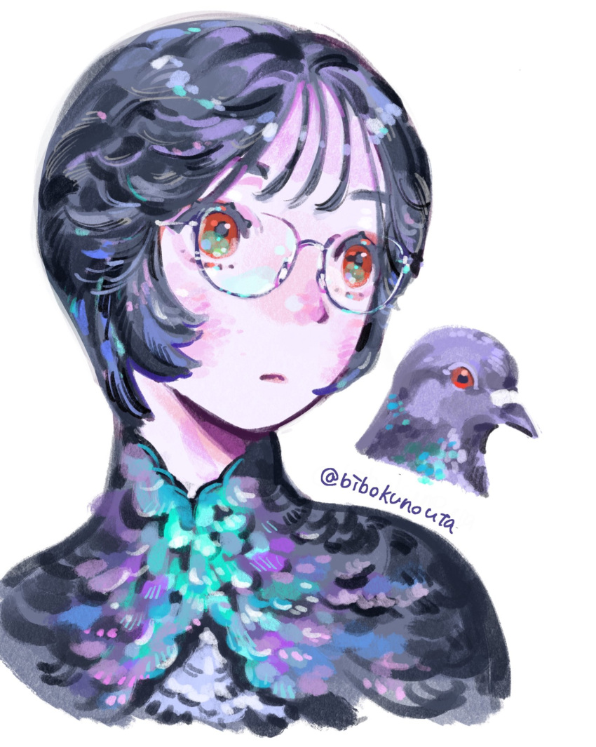 1girl, animal, bird, bird_girl, black_hair, feather_hair, glasses, highres