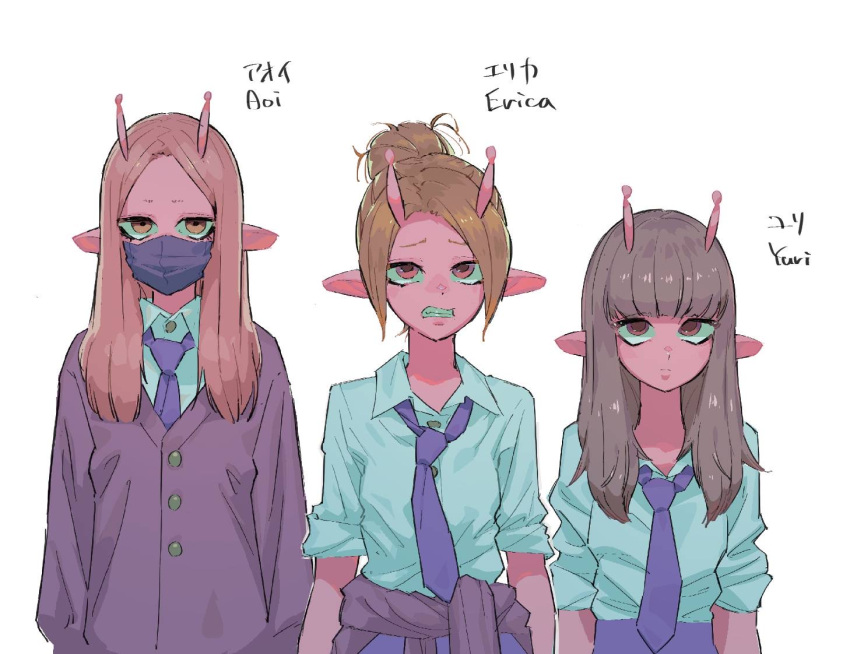 alien, anime_coloring, antennae, aoi_(milky_galactic_universe), aqua_shirt, aqua_sleeve_cuffs, aqua_sleeves, blonde_hair, blue_necktie, blue_skirt, blunt_bangs, blunt_ends, breasts, brown_hair, buttons, character_name, clothes_around_waist, collared_shirt, commentary, concept_art, covered_mouth, dress_shirt, earrings, english_text, erica_(milky_galactic_universe), expressionless, forehead, gyaru, hair_bun, half_updo, jacket, jacket_around_waist, jewelry, kameyama_yohei, long_hair, long_pointy_ears, long_sleeves, looking_at_viewer, loose_hair_strand, lower_eyelashes_only, mask, medium_breasts, milky_galactic_universe, milky_subway, mouth_mask, necktie, official_art, parted_bangs, pink_hair, pointy_ears, production_art, purple_jacket, purple_mask, purple_sleeves, raised_inner_eyebrows, red_eyes, school_uniform, second-party_source, shirt, shirt_tucked_in, short_eyebrows, short_hair, side-by-side, simple_background, skirt, sweater_jacket, three-quarter_sleeves, tied_jacket, tsurime, upper_body, white_background, wing_collar, yuri_(milky_galactic_universe)