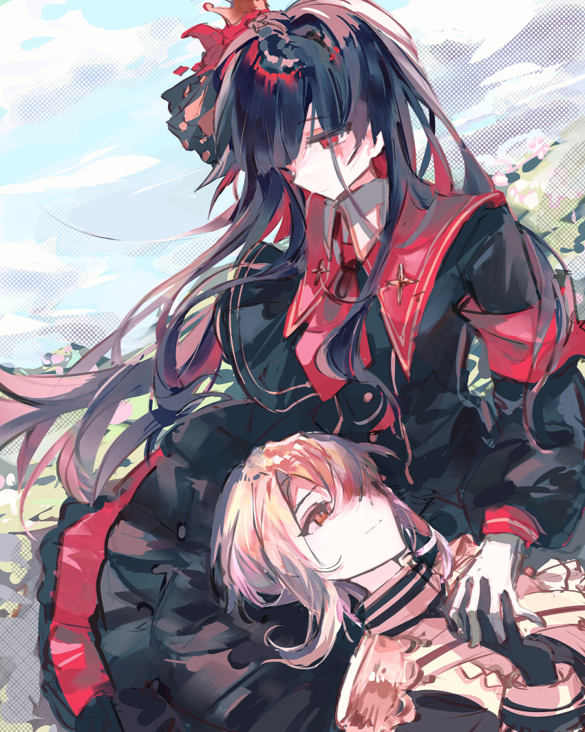 2girls, absurdres, armband, black_gloves, black_hair, blonde_hair, blue_sky, chinese_commentary, closed_mouth, commentary_request, day, gloves, hair_over_one_eye, hasumi_reia, highres, holding_hands, long_hair, long_sleeves, looking_at_another, looking_down, lying, lying_on_lap, magical_girl, mahou_shoujo_no_majo_saiban, multiple_girls, necktie, nikaidou_hiro, on_back, outdoors, red_armband, red_eyes, red_necktie, short_hair, sitting, sky, smile, xiu_nai_dong, yellow_eyes
